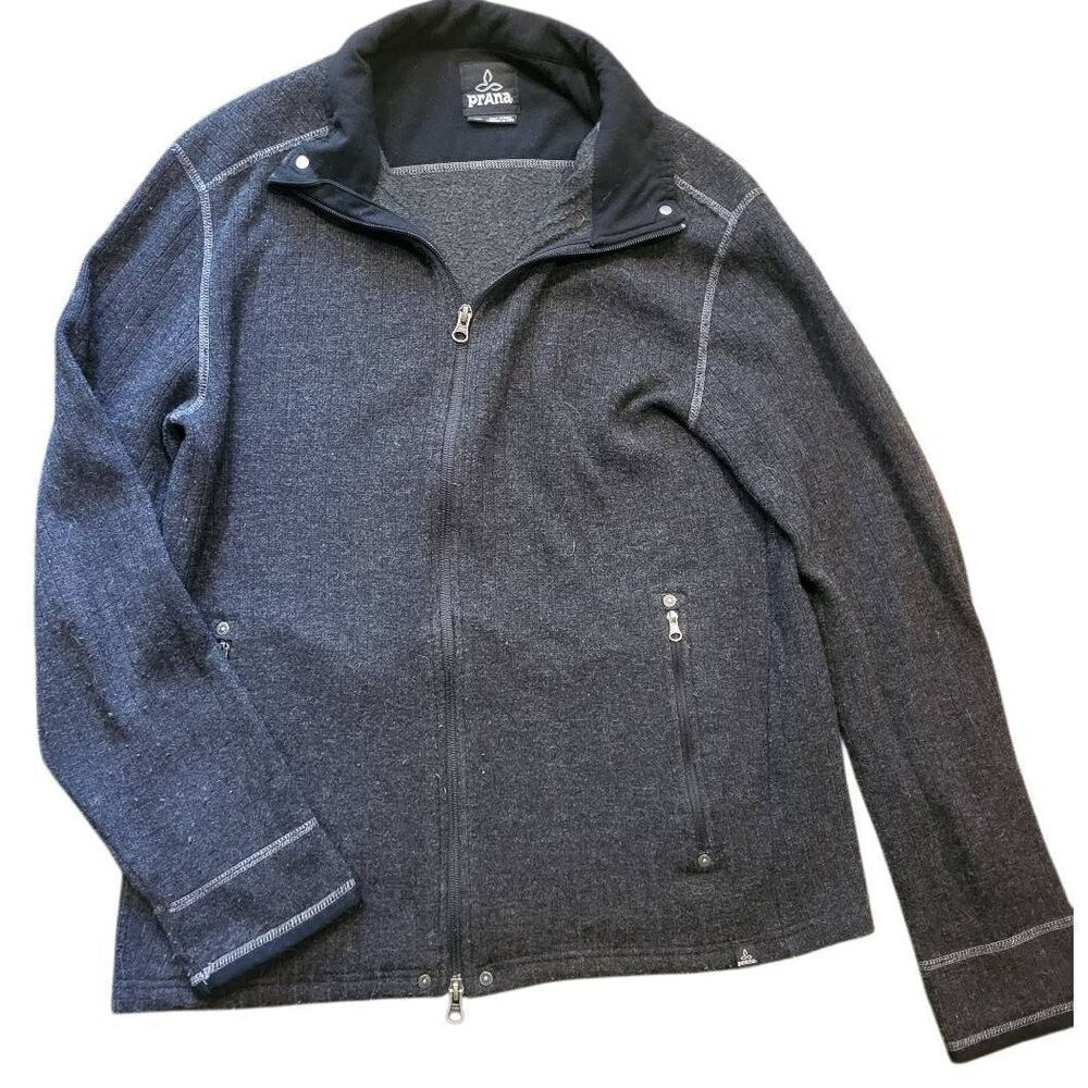 Prana Zip Sweater Men's Large Grey Ribbed Knit Wool Blend Cardigan Barclay